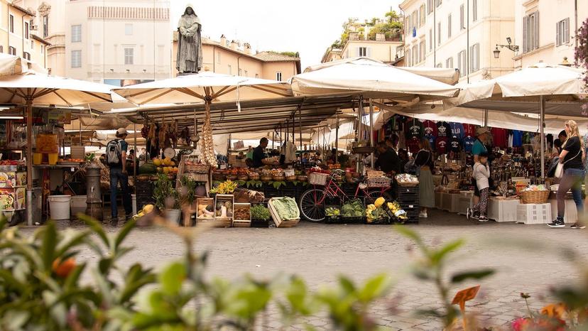 Busy produce market in Rome's Campo de' Fiori