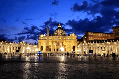 Saint Peter's Basilica at night.