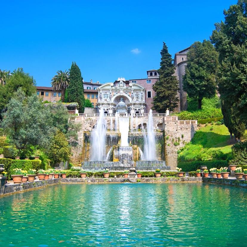 a view of Villa d'Este in Tivoli with its famous fountain and Renaissance gardens