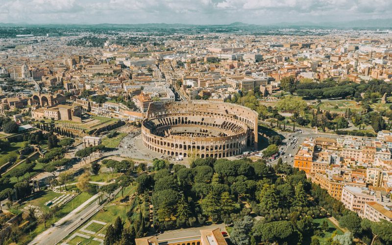 Aerial view of the Colosseum and Roman Forum in Rome