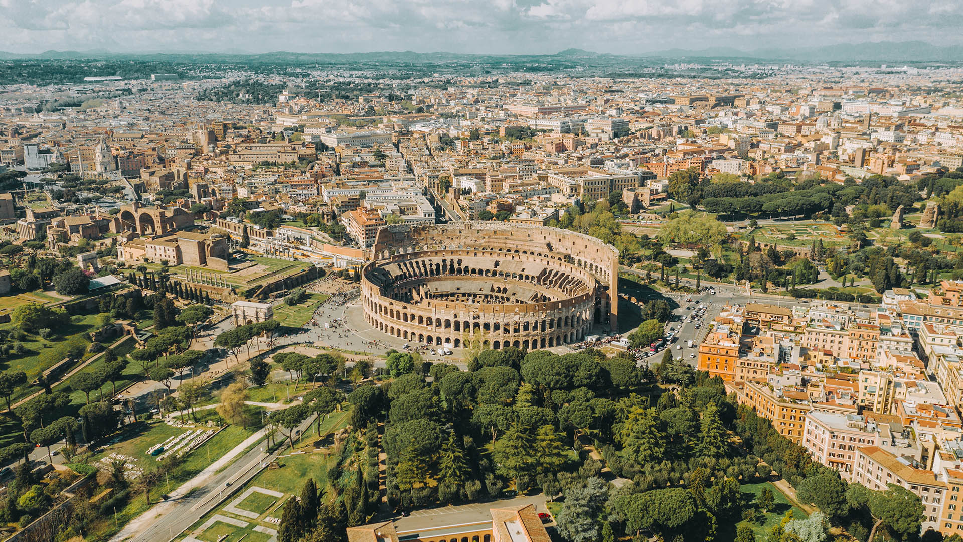 Aerial view of the Colosseum and Roman Forum in Rome