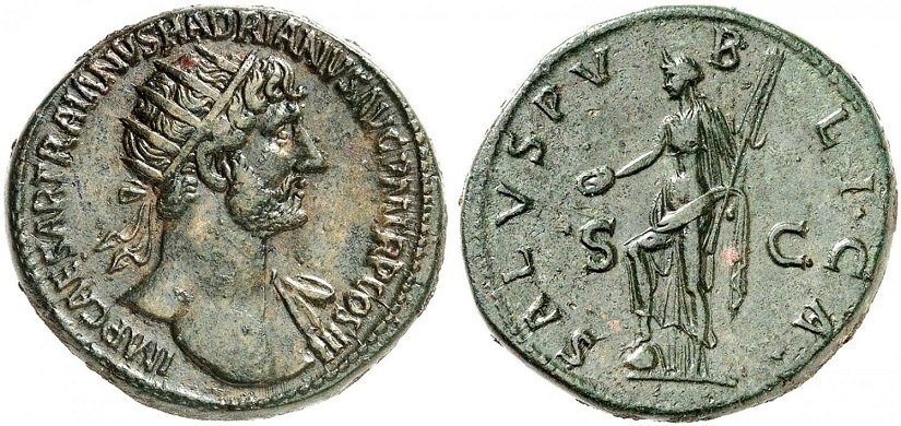 Pièce de monnaie du globe d'Hadrien Salus