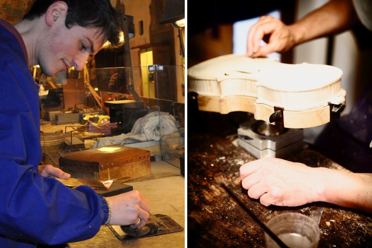 A metalsmith and violin maker displaying their crafts during the artisans tour.